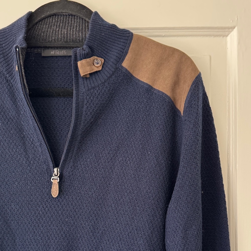 Raffi Men's Dark Blue and Chocolate Zip-Up Sweater